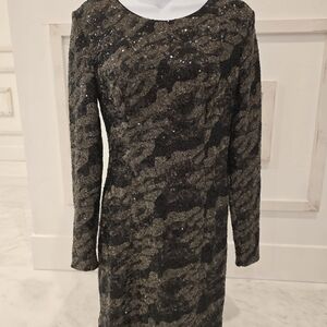 Sequin Camouflage Long Sleeve Shift Dress - Black & Olive. Guess